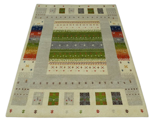 Hand Knotted animal Life Beige with multicolored figures Lori Gabbeh Traditional Antique Southwestern rug, 6X8