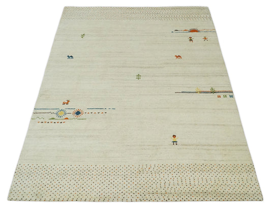 Hand Knotted animal Life ivory with multicolored figures Lori Gabbeh Traditional Antique Southwestern rug, 6X8