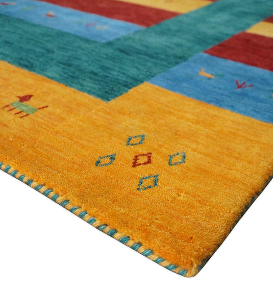 Hand Woven Vibrant Red, Blue, Yellow and Green Striped Wool southwestern Lori area rug, 6x8