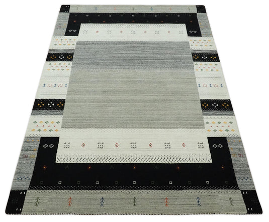 Hand Woven Ivory, Black and Grey Striped Wool southwestern Gabbeh area rug, 5x8