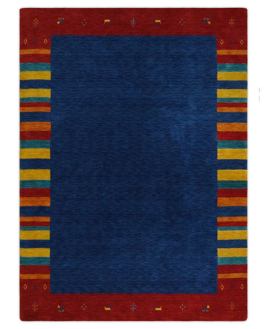 Hand Woven Blue, Rust with multicolored Stripes Wool southwestern Lori area rug, 6x8