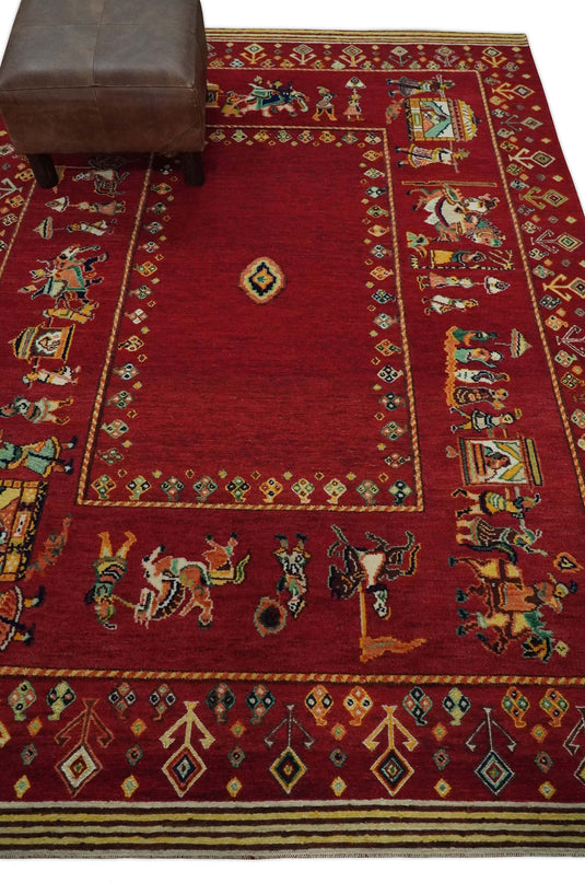 Hand Woven Maroon Indian wedding design Antique Wool area rug, 5x7