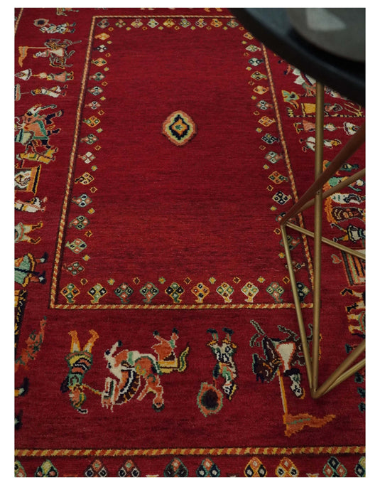 Hand Woven Maroon Indian wedding design Antique Wool area rug, 5x7