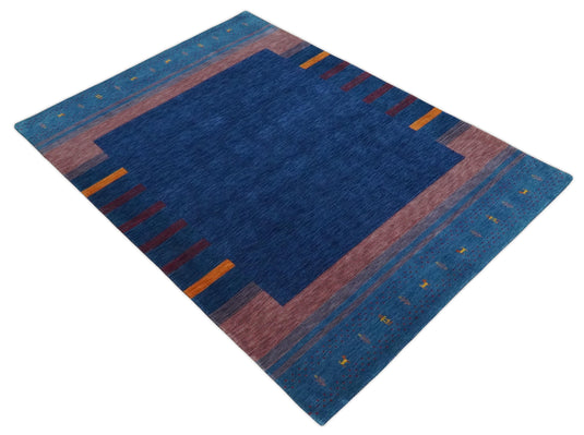 Hand Woven Blue and Peach Wool southwestern Lori Gabbeh area rug, 6x8  |KNT22
