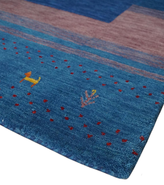 Hand Woven Blue and Peach Wool southwestern Lori Gabbeh area rug, 6x8  |KNT22