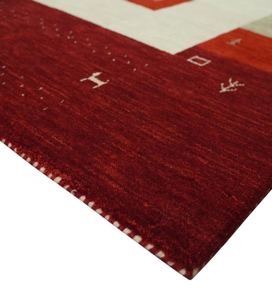 Hand Woven Red, Maroon and Beige striped Wool southwestern Lori area rug, 6x8
