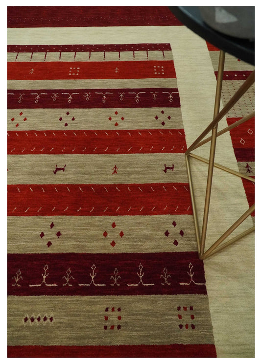 Hand Woven Red, Maroon and Beige striped Wool southwestern Lori area rug, 6x8