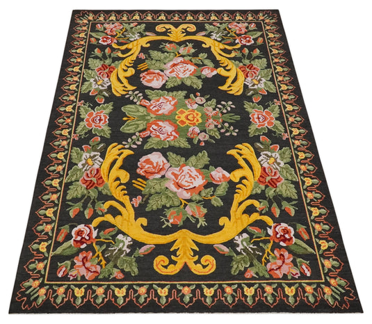 Flatwoven Soumak Black with multicolored Floral design Wool area rug, 5x7 |KNT29