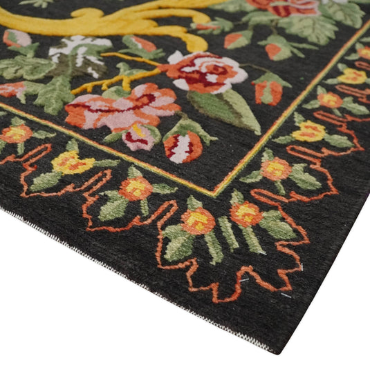 Flatwoven Soumak Black with multicolored Floral design Wool area rug, 5x7 |KNT29