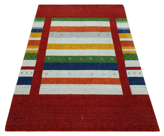 Hand Woven Vibrant Multicolored Striped Wool southwestern Lori area rug, 6x8  |KNT33