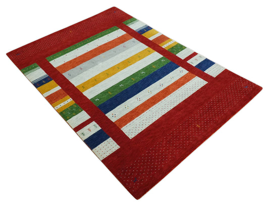 Hand Woven Vibrant Multicolored Striped Wool southwestern Lori area rug, 6x8  |KNT33