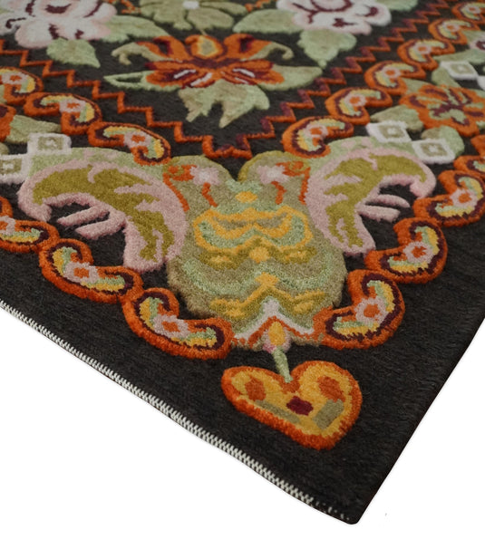 Flatwoven Soumak Black with multicolored Floral design Wool area rug, 5x7 |KNT39