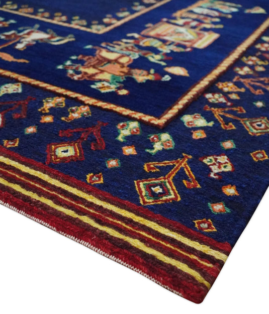 Hand Woven Navy Blue Indian wedding design Antique Wool area rug, 5x7 |KNT40