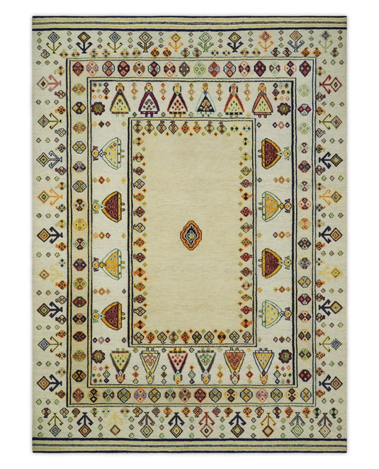 Hand Woven Ivory and Beige Tribal art Soumak Handspun Wool area rug, 5x7 |KNT43