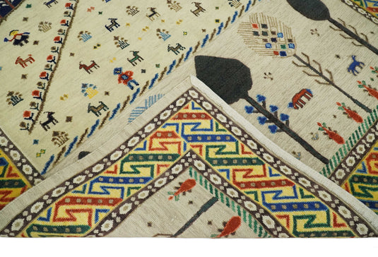 Hand Woven Beige and Blue Tribal art Soumak Handspun Wool area rug, 5x7 |KNT44