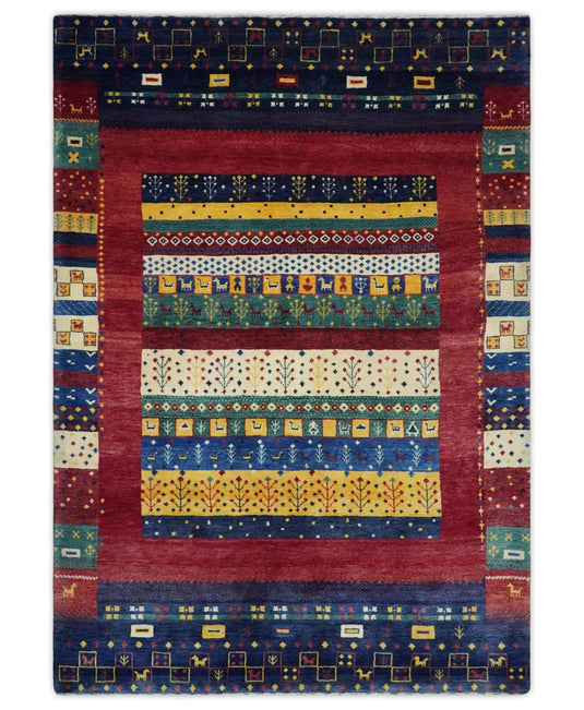 Hand knotted Red and Blue multicolored tree design Wool area rug, 5x7 |KNT45