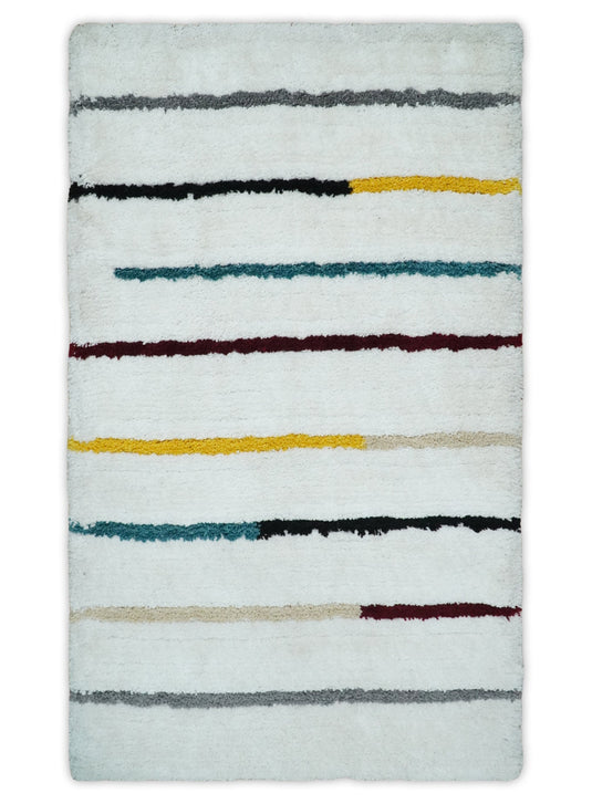Hand Woven Soft White with Multicolored Stripes Plush  3x5, 4x6 and 5x7  Shaggy Area Rug | SHAG2