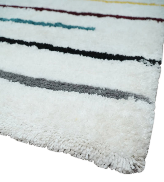 Hand Woven Soft White with Multicolored Stripes Plush  3x5, 4x6 and 5x7  Shaggy Area Rug | SHAG2