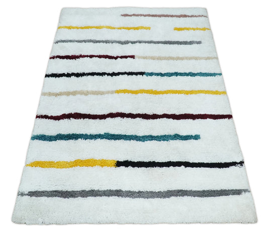 Hand Woven Soft White with Multicolored Stripes Plush  3x5, 4x6 and 5x7  Shaggy Area Rug | SHAG2