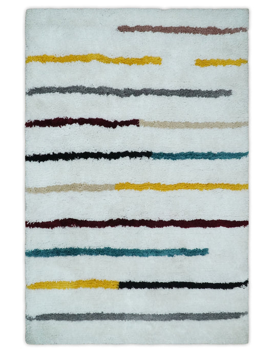 Hand Woven Soft White with Multicolored Stripes Plush  3x5, 4x6 and 5x7  Shaggy Area Rug | SHAG2