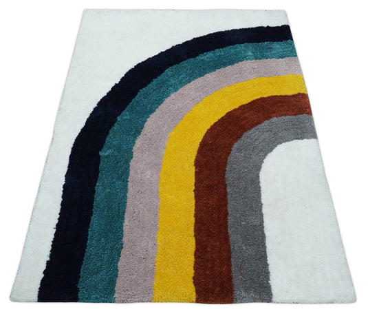 Hand Woven Soft White with Multicolored Stripes Plush  3x5, 4x6 and 5x7  Shaggy Area Rug | SHAG4