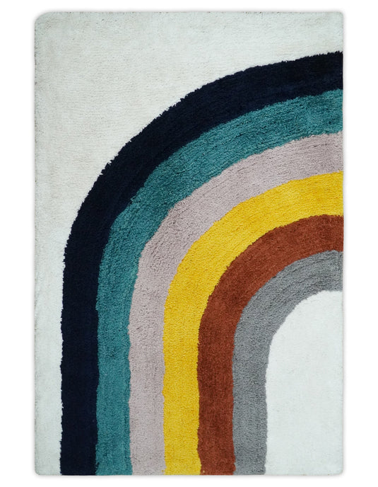 Hand Woven Soft White with Multicolored Stripes Plush  3x5, 4x6 and 5x7  Shaggy Area Rug | SHAG4