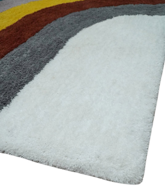 Hand Woven Soft White with Multicolored Stripes Plush  3x5, 4x6 and 5x7  Shaggy Area Rug | SHAG4
