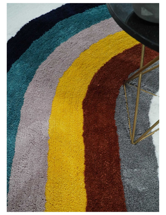 Hand Woven Soft White with Multicolored Stripes Plush  3x5, 4x6 and 5x7  Shaggy Area Rug | SHAG4