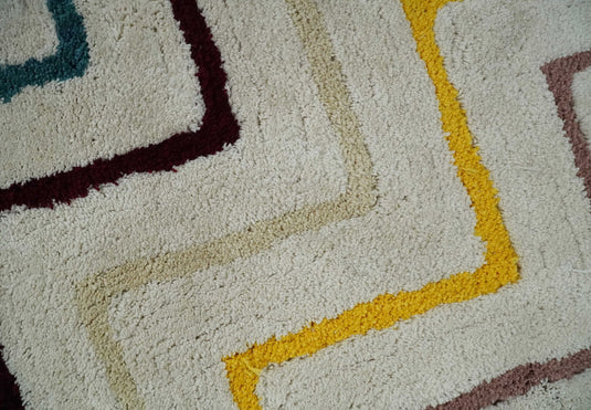 Hand Woven Soft Ivory with Multicolored Stripes Plush  3x5, 4x6 and 5x7  Shaggy Area Rug | SHAG5