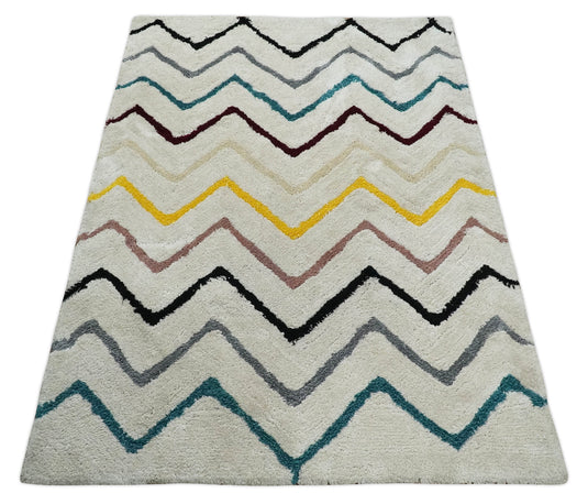 Hand Woven Soft Ivory with Multicolored Stripes Plush  3x5, 4x6 and 5x7  Shaggy Area Rug | SHAG5