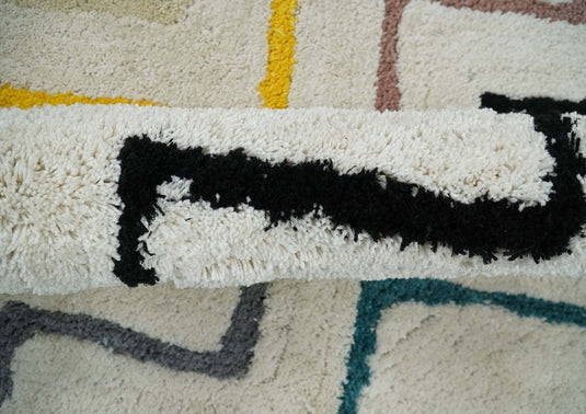 Hand Woven Soft Ivory with Multicolored Stripes Plush  3x5, 4x6 and 5x7  Shaggy Area Rug | SHAG5