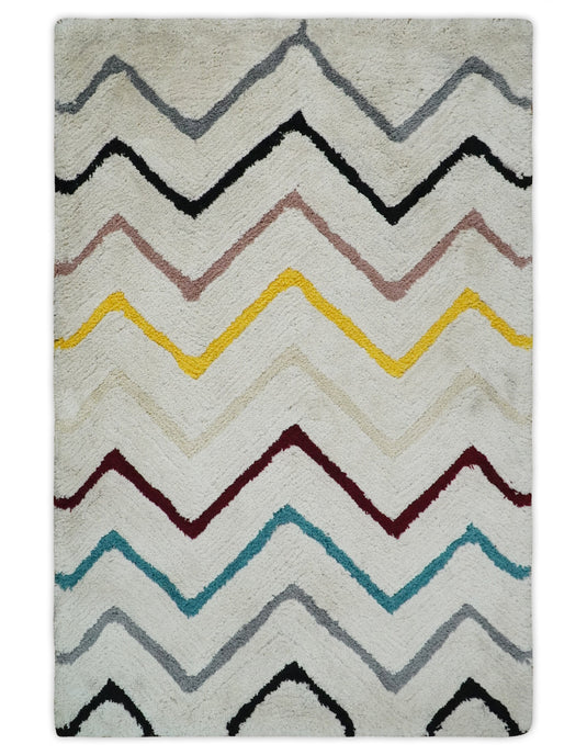 Hand Woven Soft Ivory with Multicolored Stripes Plush  3x5, 4x6 and 5x7  Shaggy Area Rug | SHAG5