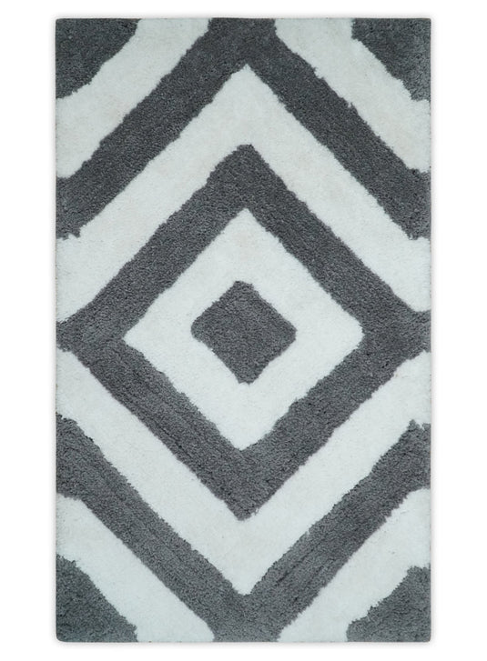 Hand Woven Soft geometric grey and Ivory Plush 3x5, 4x6 and 5x7  Shaggy Area Rug | SHAG9