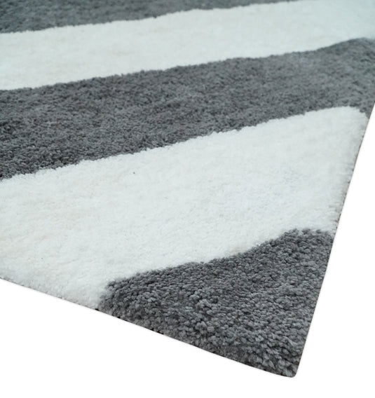 Hand Woven Soft geometric grey and Ivory Plush 3x5, 4x6 and 5x7  Shaggy Area Rug | SHAG9