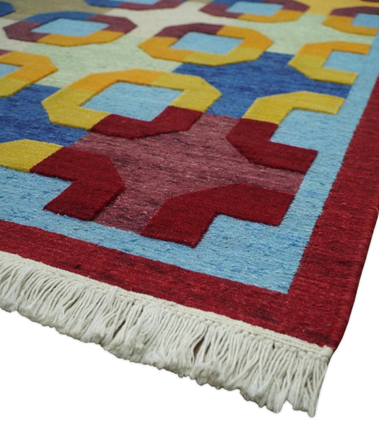 Hand knotted soumak Multicolored geometric design Wool area rug, 5x7 |KNT46