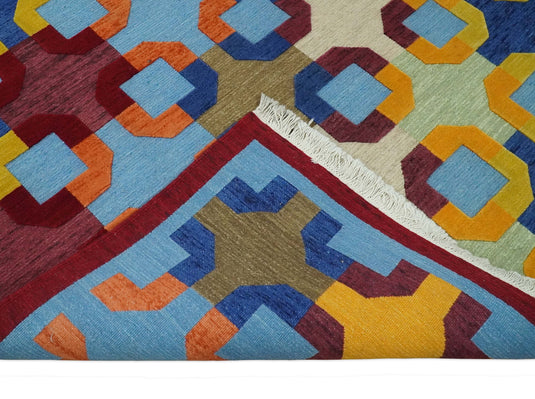 Hand knotted soumak Multicolored geometric design Wool area rug, 5x7 |KNT46