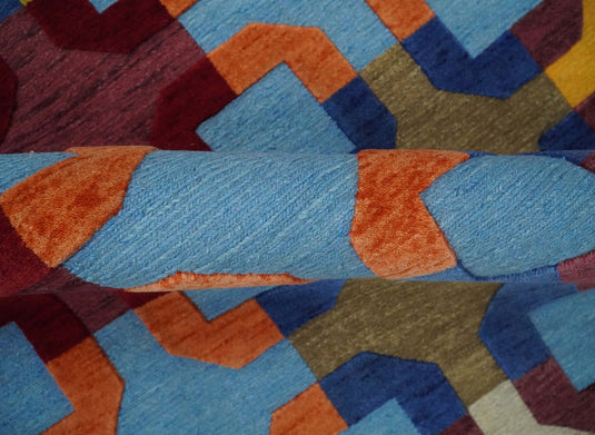 Hand knotted soumak Multicolored geometric design Wool area rug, 5x7 |KNT46