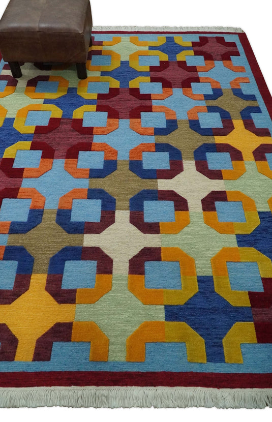 Hand knotted soumak Multicolored geometric design Wool area rug, 5x7 |KNT46