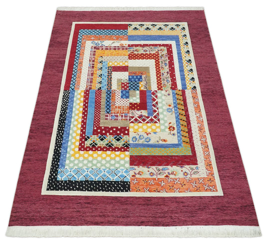 Handknotted Soumak Multicolored Artistic Modern Wool area rug, 5x7 |KNT52