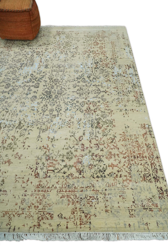 Hand Knotted Beige and rustTraditional design Antique wool and Silk area rug, 6x9 | AGR269