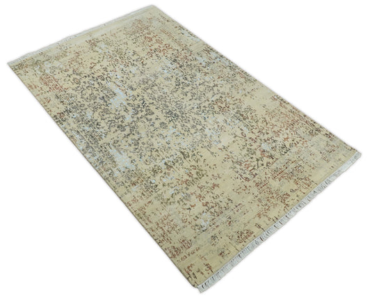 Hand Knotted Beige and rustTraditional design Antique wool and Silk area rug, 6x9 | AGR269