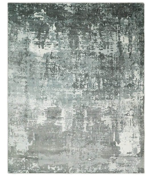 Abstract Modern Bamboo Silk Area Rug, Living Room Rug, Bedroom rug and Dinning room Rug, Ivory and Charcoal, 8x10