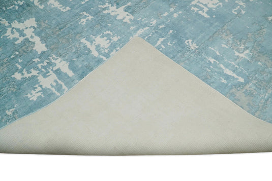 Abstract Modern Bamboo Silk Area Rug, Living Room Rug, Bedroom rug and Dinning room Rug, Blue and Ivory, 8x10