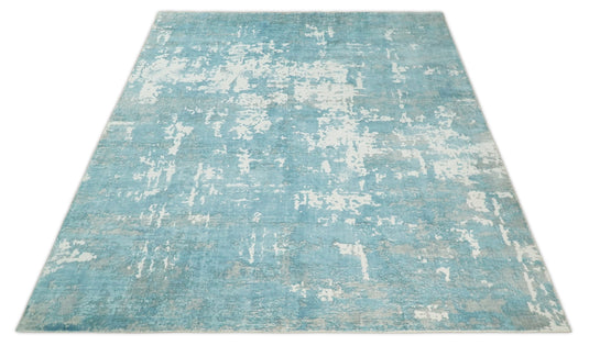 Abstract Modern Bamboo Silk Area Rug, Living Room Rug, Bedroom rug and Dinning room Rug, Blue and Ivory, 8x10