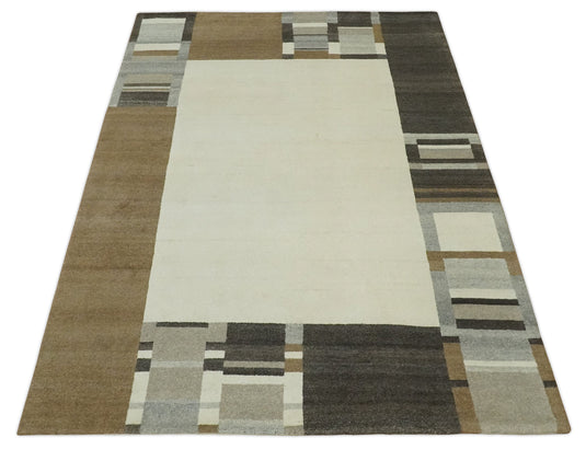 Hand Knotted Ivory, Brown and charcoal Stripes Lori Gabbeh Traditional Antique Southwestern rug, 6X8