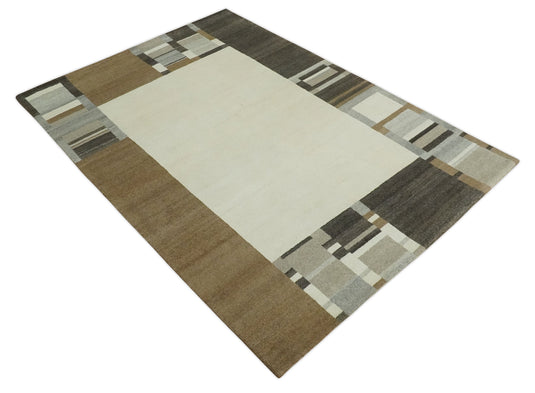 Hand Knotted Ivory, Brown and charcoal Stripes Lori Gabbeh Traditional Antique Southwestern rug, 6X8