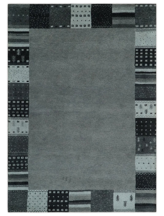 Hand Knotted modern Charcoal, Grey and Ivory Lori Gabbeh Traditional Antique Southwestern rug, 6X8