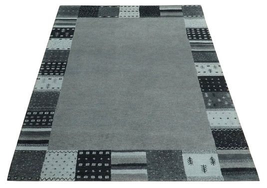 Hand Knotted modern Charcoal, Grey and Ivory Lori Gabbeh Traditional Antique Southwestern rug, 6X8