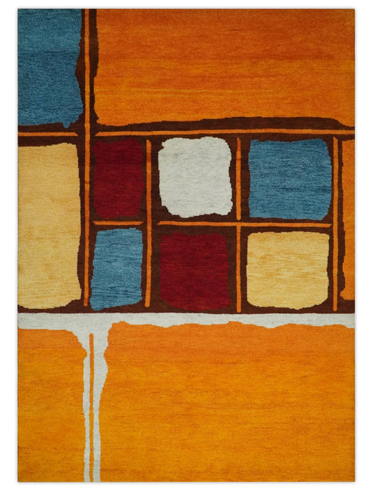 Hand Knotted modern Mustard, gold, brown, blue Lori Gabbeh Traditional Antique Southwestern rug, 6X8