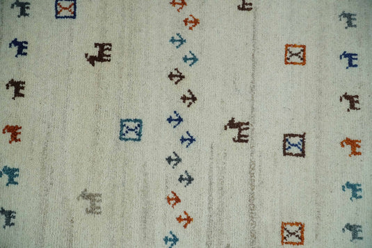 Hand Knotted animal Life Ivory with multicolored figures Lori Gabbeh Traditional Antique Southwestern rug, 6X8